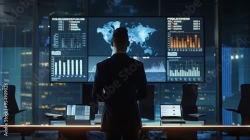 Corporate leader presenting strategic plans interactive financial dashboards and market analytics