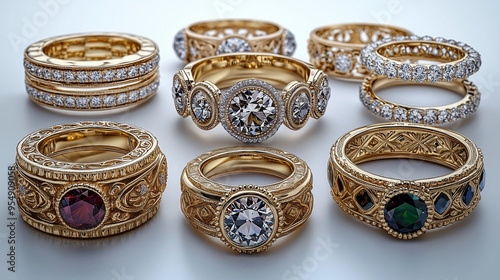 series of elegant ring accessories, rendered as high-quality PNG cutouts with transparent backgrounds. Include diverse designs such as complex gold bands, diamond-studded embellishments, and vintage g photo