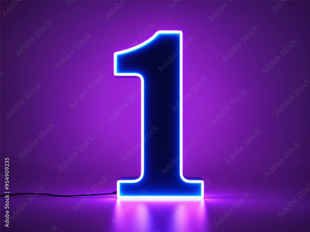 A bright neon number one glows vibrantly against a deep purple background, creating a bold and futuristic look. Success, ranking.