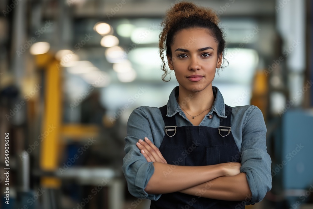 Fototapeta premium A woman with a black apron and a blue shirt is standing in a factory. She is wearing a necklace and has her arms crossed