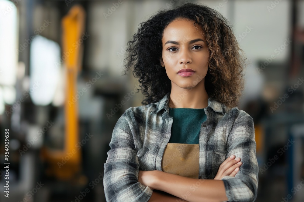 Fototapeta premium A woman with curly hair is standing in a garage with her arms crossed. She is wearing a plaid shirt and apron