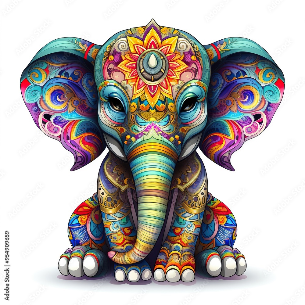 Fototapeta premium Vibrant and colorful illustration of an elephant adorned with intricate patterns and designs, symbolizing wisdom and strength.