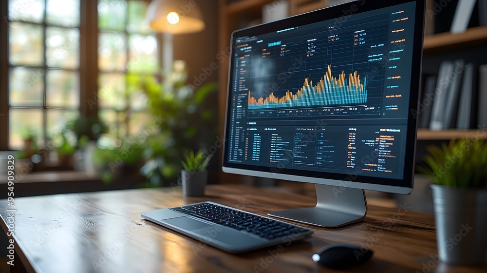 Financial accounting analysis with a digital marketing plan on a computer screen, showing a growth chart and business graph. Financial accounting analysis with a digital marketing plan on a computer screen, showing a growth chart and business graph.