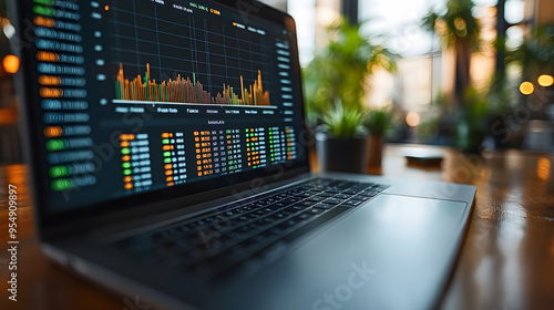 Close-up of a financial report and business graph on a laptop, with a focus on growth trends and digital marketing strategies.