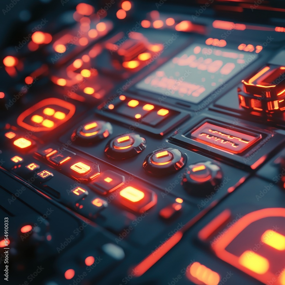 Futuristic Sci-Fi Control Panel with Glowing Red Lights and Buttons - Abstract Technology Background. Futuristic Sci-Fi Control Panel with Glowing Red Lights and Buttons - Abstract Technology Background.