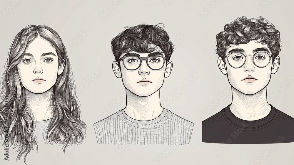 Produce four minimalistic avatar images in grey and white, showing men, women, boys, and girls from the front. Each avatar should be featureless with a clean design that highlights simple shapes and f Produce four minimalistic avatar images in grey and white, showing men, women, boys, and girls from the front. Each avatar should be featureless with a clean design that highlights simple shapes and f