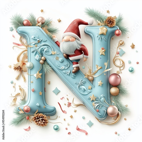 Christmas Ornament Letter N with Santa Claus Character and Festive Decorations