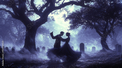A pair of ghosts dancing in a fog covered graveyard, with the shadows of old trees and the moonlight casting an eerie glow, creating a spooky and romantic Halloween setting
