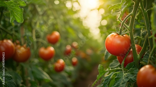 Tomatoes growing on the vine in a sunlit greenhouse