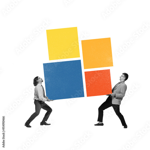 Poster. Contemporary art collage. Two men lift colorful squares together, representing strength and balance of teamwork in accomplishing tasks. Concept of business, work in team, success,