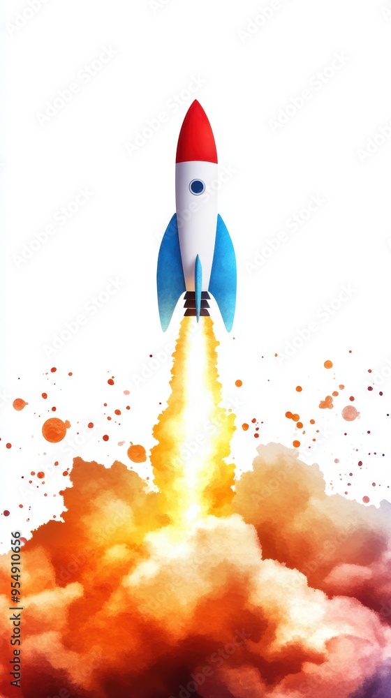 A vibrant rocket launching into the sky, surrounded by colorful smoke and flames, symbolizing innovation and exploration. A vibrant rocket launching into the sky, surrounded by colorful smoke and flames, symbolizing innovation and exploration.