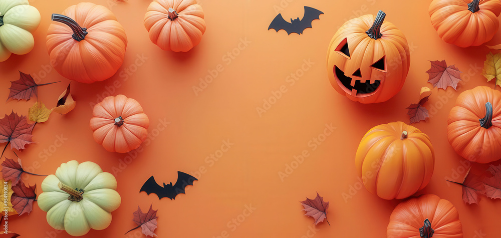 Witch pumpkin flat design, top view, Halloween theme, 3D render, orange background Witch pumpkin flat design, top view, Halloween theme, 3D render, orange background