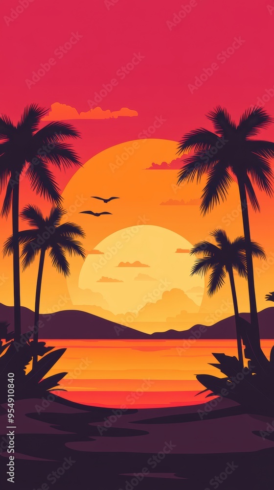 A vibrant sunset over a tropical landscape, featuring palm trees against a colorful sky, evoking relaxation and paradise. A vibrant sunset over a tropical landscape, featuring palm trees against a colorful sky, evoking relaxation and paradise.