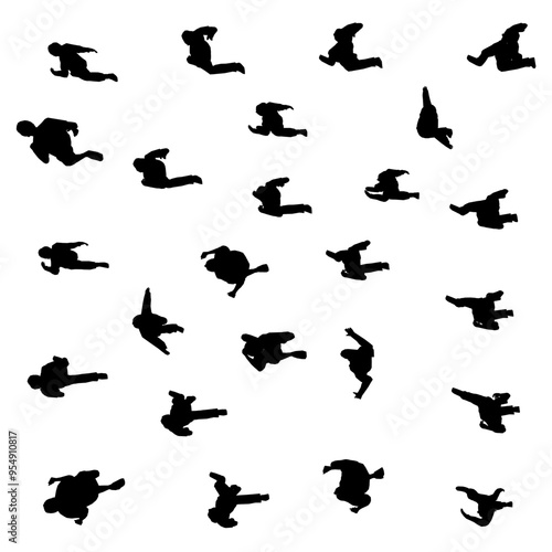Silhouette of running people isolated on white background. Men, women and children running. Vector illustration.