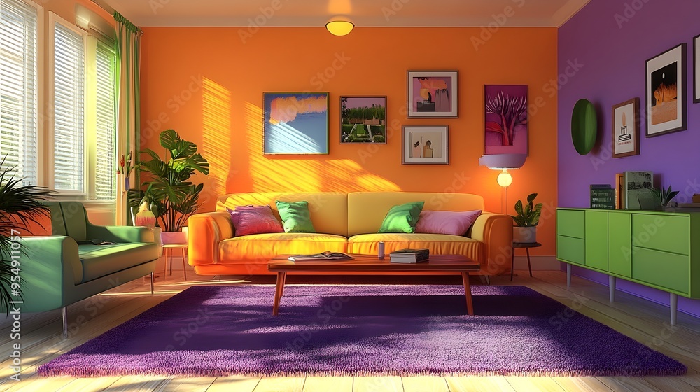 Visually Striking 3D Rendered Room with Secondary Color Accents and Modern Lively Design Visually Striking 3D Rendered Room with Secondary Color Accents and Modern Lively Design