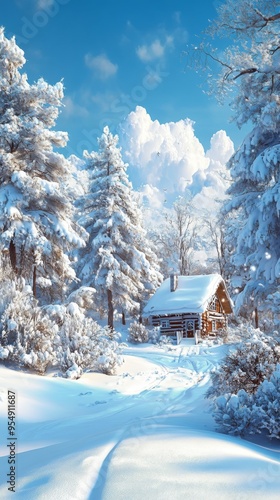 A winter wonderland scene with snow-covered trees and cabin