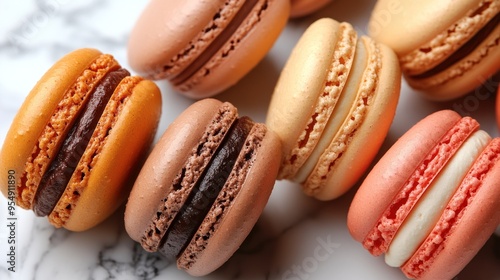 Close Up of Colorful French Macarons on Marble photo