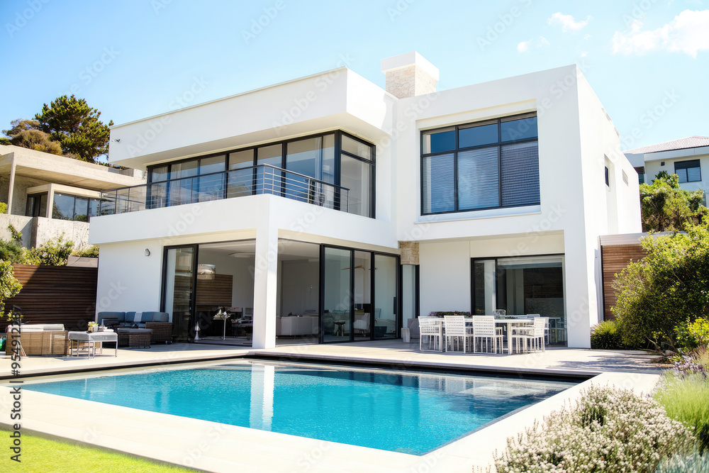 Fototapeta premium Modern house with a swimming pool and garden, featuring white modern architecture. Created with Ai