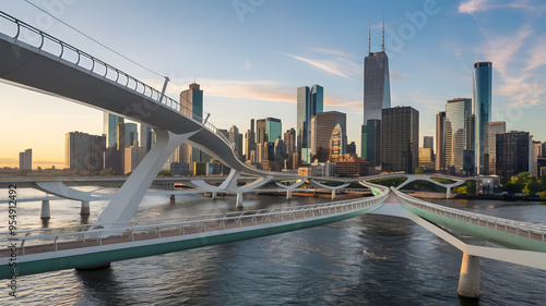 City Skyline with Pedestrian Bridges Connecting Buildings Illustrating Future Without Cars on Car Free Day.