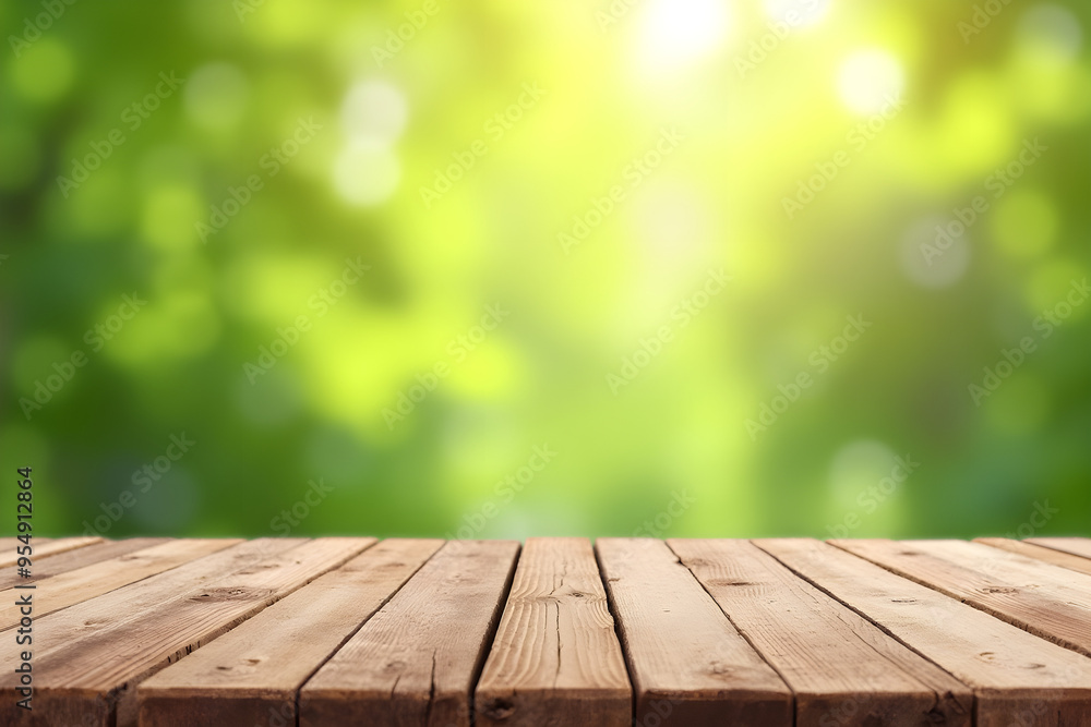 Natural backgrounds, wooden planks for placing products in the garden, green blurred trees in a natural outdoor style, and wooden tables with spring and summer bokeh backgrounds Natural backgrounds, wooden planks for placing products in the garden, green blurred trees in a natural outdoor style, and wooden tables with spring and summer bokeh backgrounds