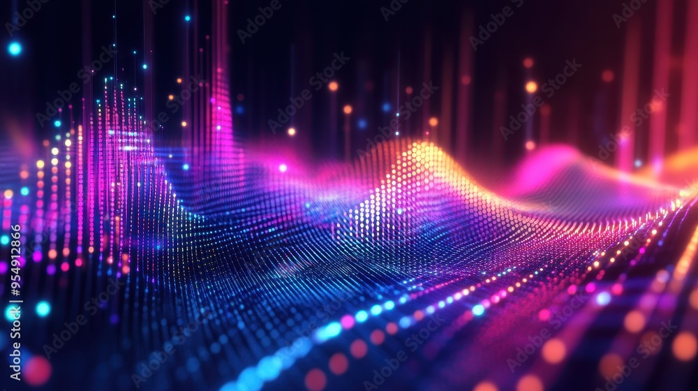 Abstract Digital Wave with Colorful Lights, Neon Glow, Futuristic Technology Background. Abstract Digital Wave with Colorful Lights, Neon Glow, Futuristic Technology Background.