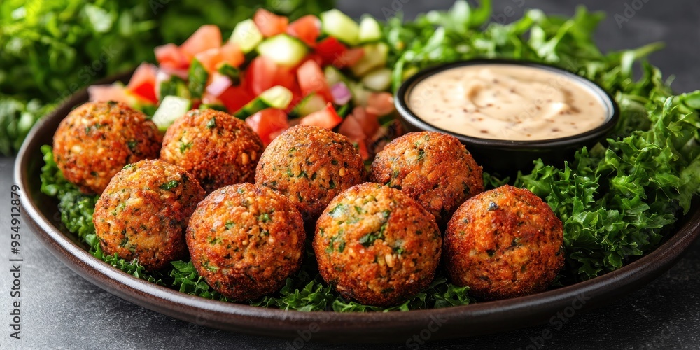 Fried Falafel Balls with Salad and Creamy Sauce Fried Falafel Balls with Salad and Creamy Sauce