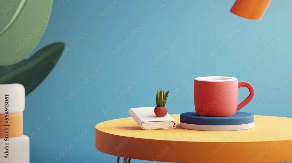 A vibrant and modern scene featuring a mug, plant, and books on a colorful table against a bright wall. A vibrant and modern scene featuring a mug, plant, and books on a colorful table against a bright wall.