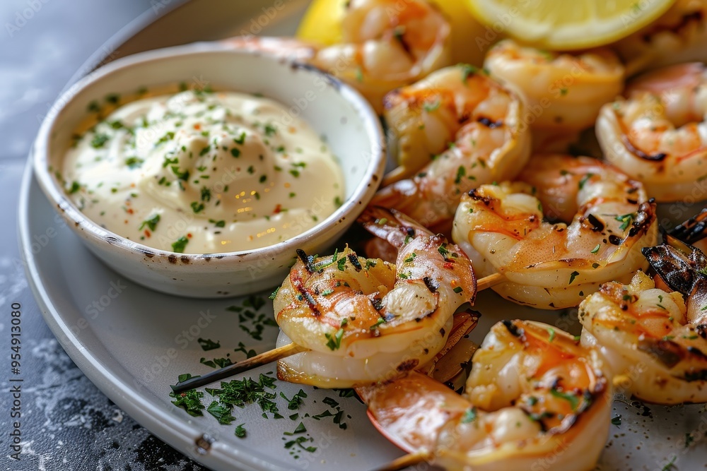 A serving of grilled prawns, skewered and served with a side of garlic aioli and lemon wedges A serving of grilled prawns, skewered and served with a side of garlic aioli and lemon wedges