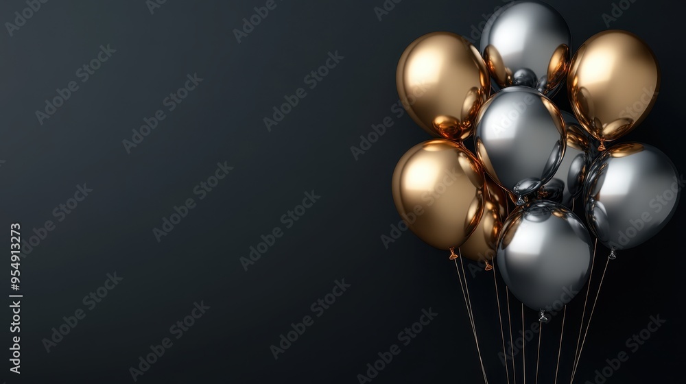 Elegant Gold and Silver Balloons on Black Background for Party or Celebration Decoration. Elegant Gold and Silver Balloons on Black Background for Party or Celebration Decoration.