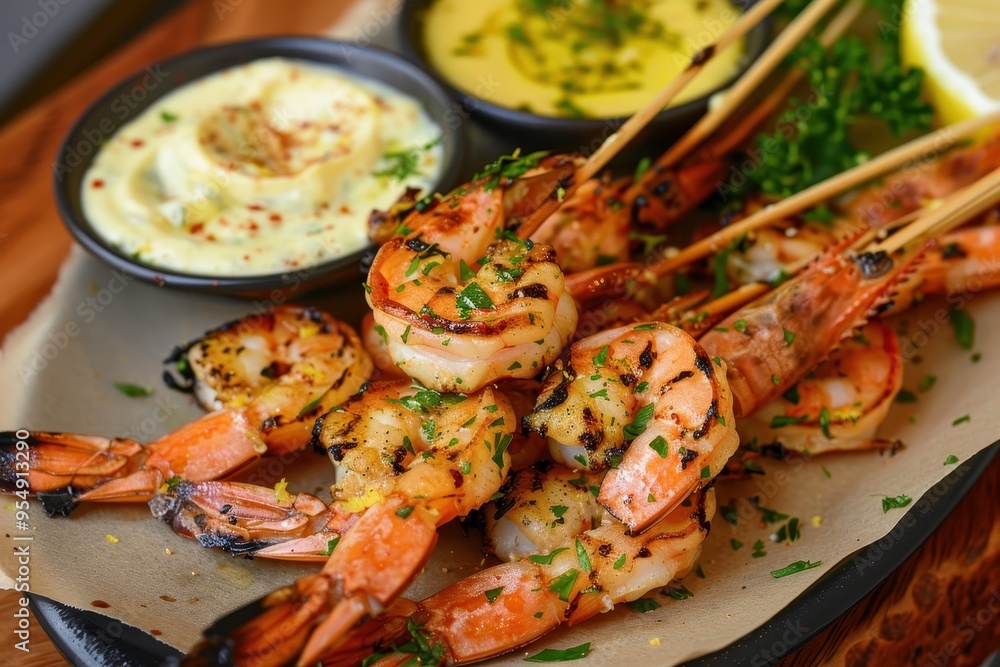 A serving of grilled prawns, skewered and served with a side of garlic aioli and lemon wedges A serving of grilled prawns, skewered and served with a side of garlic aioli and lemon wedges