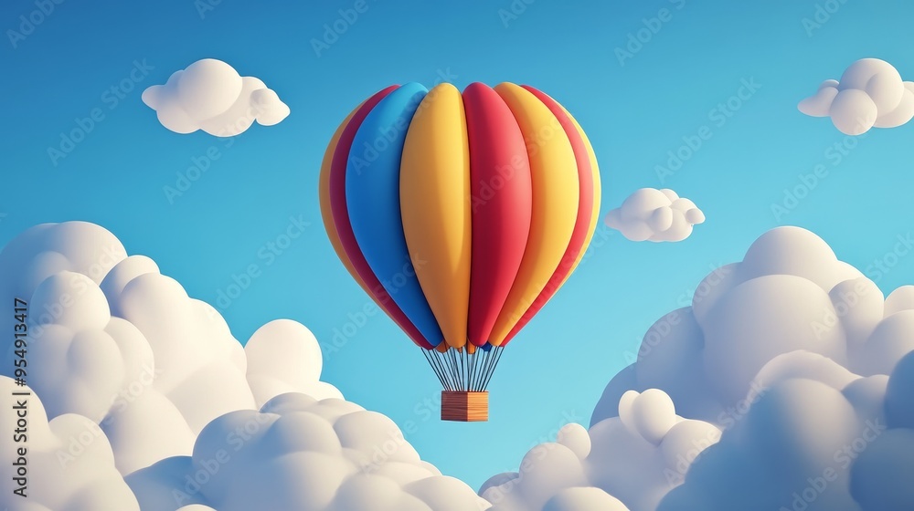 Obraz premium A vibrant hot air balloon floats gracefully through a clear blue sky filled with fluffy clouds, symbolizing adventure and freedom.