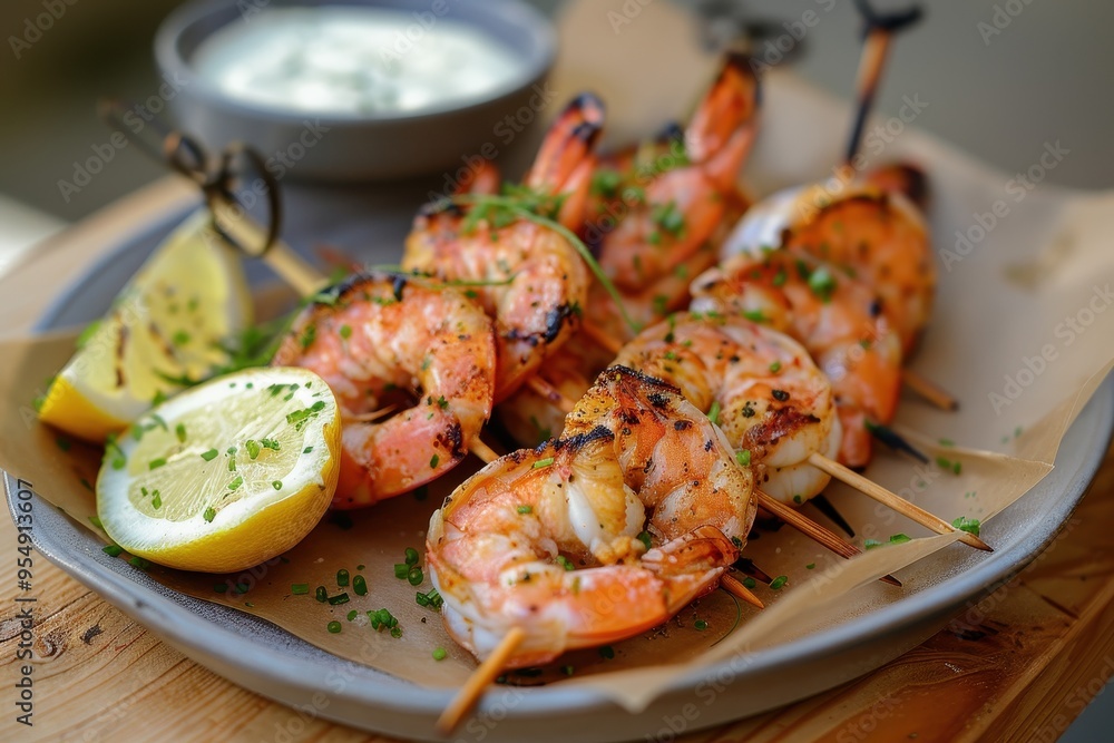 A serving of grilled prawns, skewered and served with a side of garlic aioli and lemon wedges A serving of grilled prawns, skewered and served with a side of garlic aioli and lemon wedges