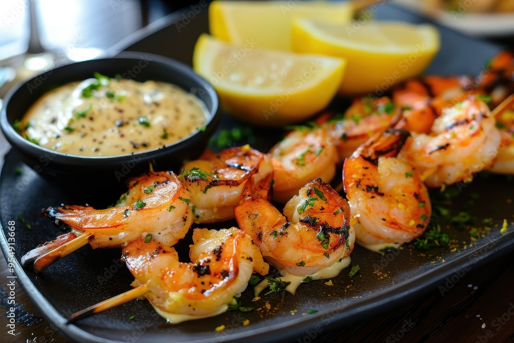 A serving of grilled prawns, skewered and served with a side of garlic aioli and lemon wedges