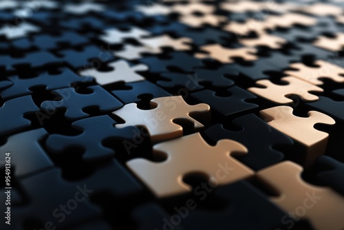 Close-up view of interconnected puzzle pieces in dark colors, symbolizing complexity and problem-solving.