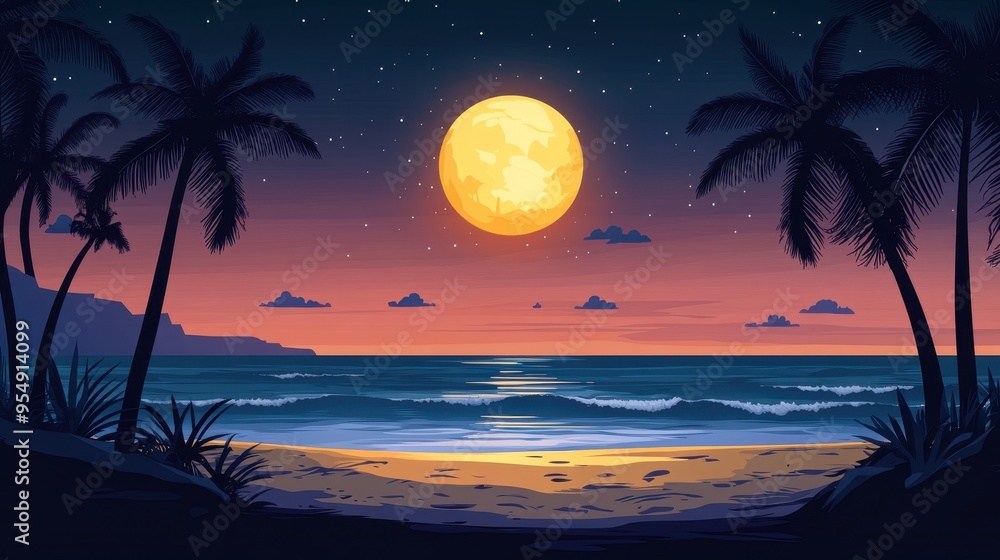 Tropical Beach Night Scene with Full Moon and Palm Trees Illustration Tropical Beach Night Scene with Full Moon and Palm Trees Illustration