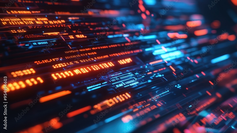 Abstract Futuristic Technology Background with Neon Lights, Digital Interface, Circuit Board, Data, and Code. Abstract Futuristic Technology Background with Neon Lights, Digital Interface, Circuit Board, Data, and Code.
