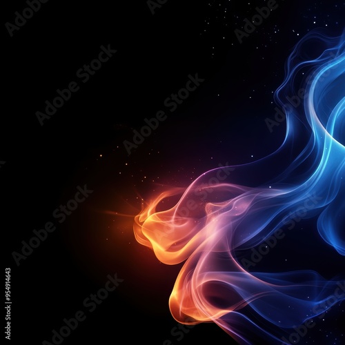 Dynamic swirling smoke in vibrant hues of blue and orange, set against a deep black background, creating a mystical atmosphere.