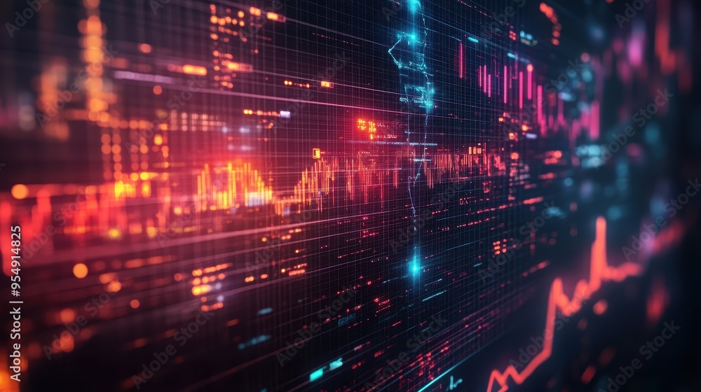 Fototapeta premium Abstract Digital Data Flow and Network Visualization - Red and Blue Glowing Lines on Dark Background.