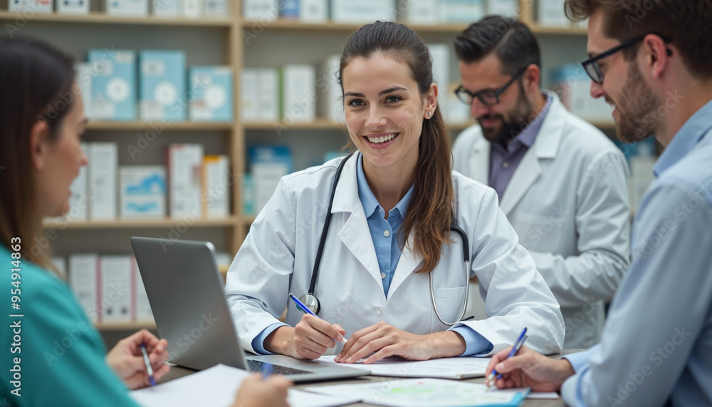 Happy pharmacist using laptop while her colleagues is taking notes in pharmacy. Happy pharmacist using laptop while her colleagues is taking notes in pharmacy.