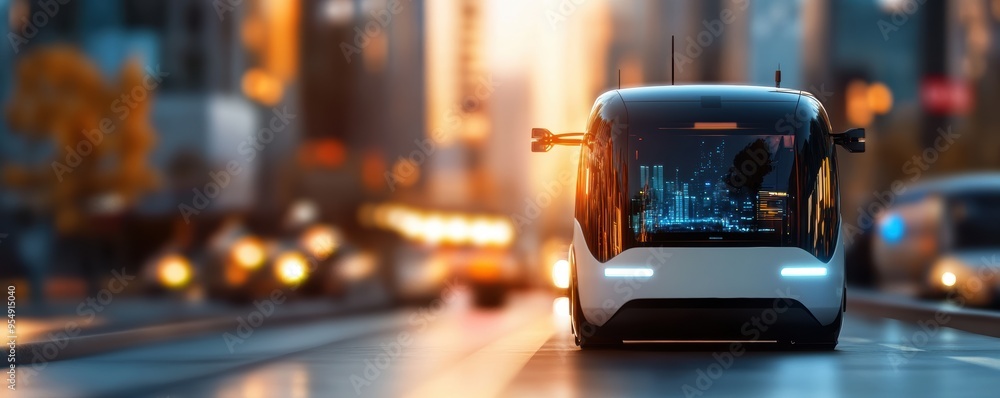 Futuristic autonomous vehicle driving through a bustling urban street at sunset, showcasing innovation in modern transportation. Futuristic autonomous vehicle driving through a bustling urban street at sunset, showcasing innovation in modern transportation.