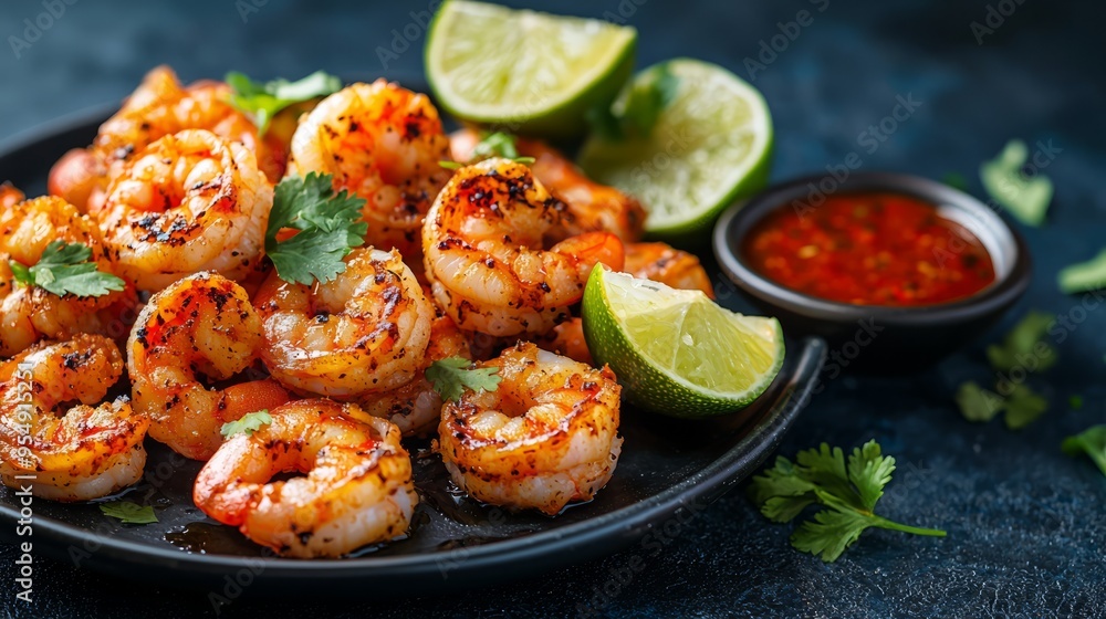 Grilled shrimp with lime and garnish served on a black plate Grilled shrimp with lime and garnish served on a black plate