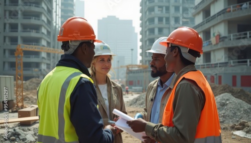 Construction team collaborates on project plans at urban site during daytime with modern buildings in background