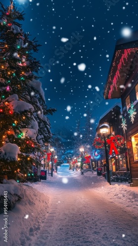 A snowy village street with Christmas lights and decorations