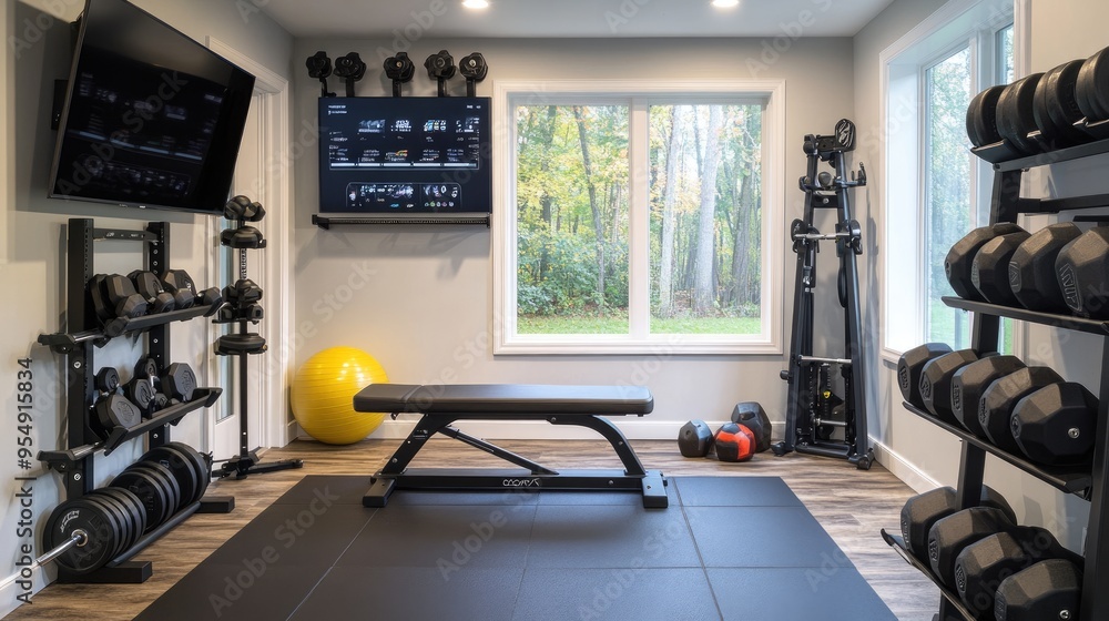 A clean, modern home gym setup with a weight bench, rubber flooring, a wall-mounted TV, and neatly arranged dumbbells and medicine ball. A clean, modern home gym setup with a weight bench, rubber flooring, a wall-mounted TV, and neatly arranged dumbbells and medicine ball.