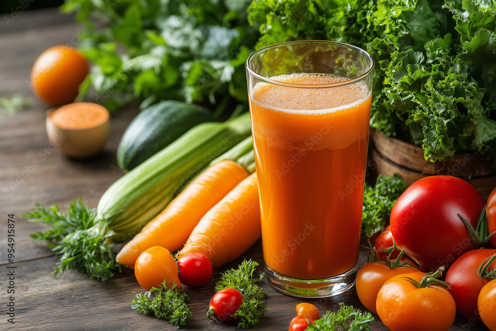 Freshly squeezed vegetable juice surrounded by vibrant produce in a cozy kitchen setting Freshly squeezed vegetable juice surrounded by vibrant produce in a cozy kitchen setting