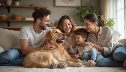 A joyful family gathers on the couch with their golden retriever in a cozy living room basking in natural light during the afternoon