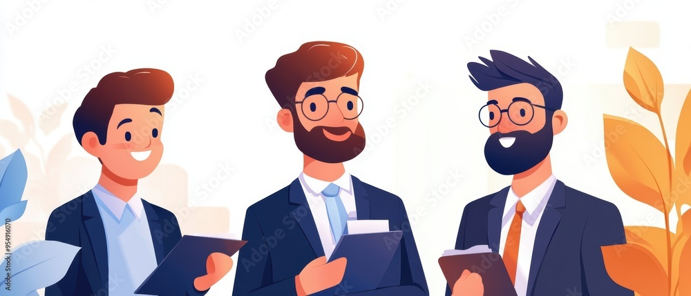Three cheerful businessmen discuss ideas in a modern office setting, showcasing collaboration and professionalism. Three cheerful businessmen discuss ideas in a modern office setting, showcasing collaboration and professionalism.