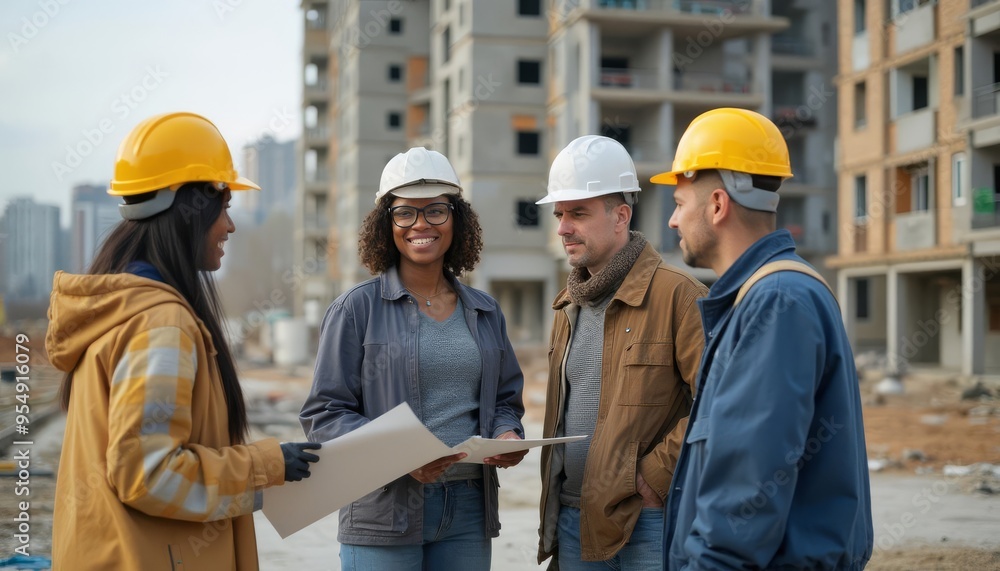 Construction team collaborates on-site at a building project near a city during the day, discussing plans and progress with smiles Construction team collaborates on-site at a building project near a city during the day, discussing plans and progress with smiles