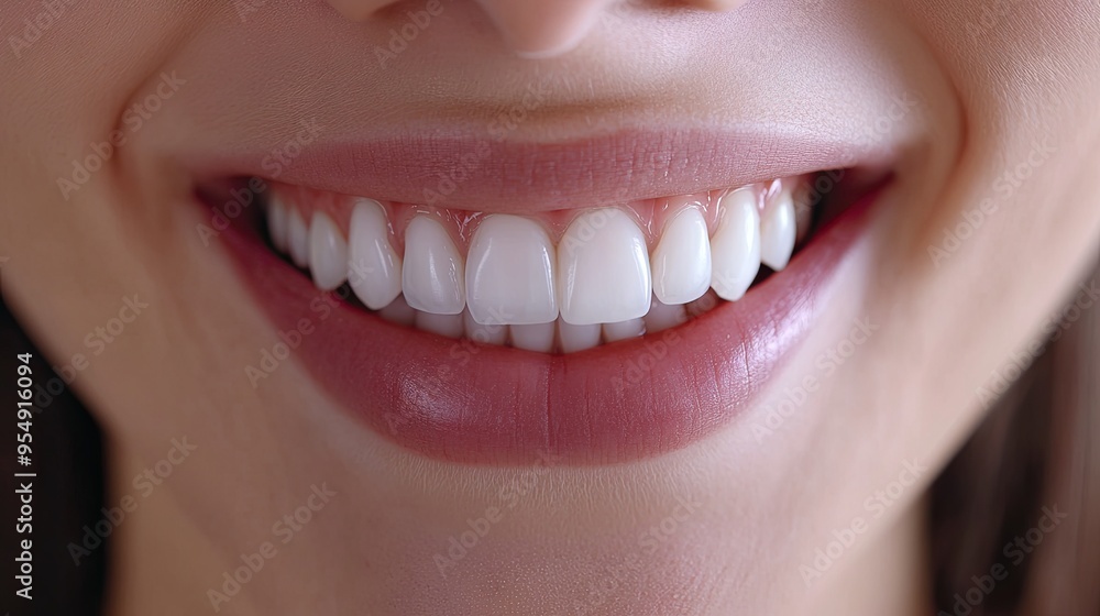 Fototapeta premium A clear close-up of a smiling mouth, showcasing perfect white teeth and healthy gums, symbolizing good oral health and confidence.
