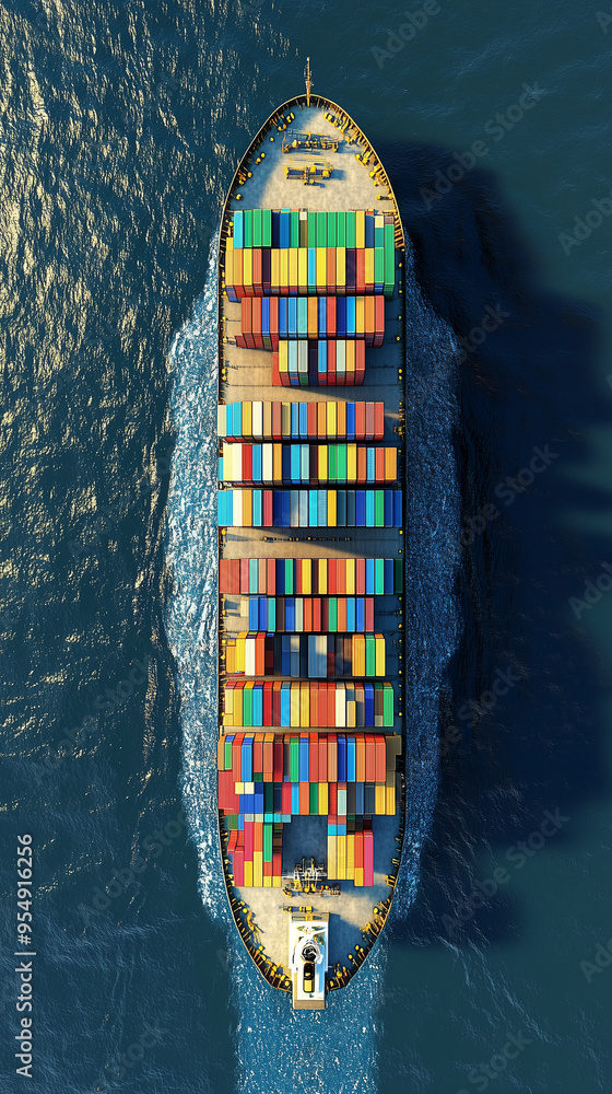 Aerial view of a vibrant cargo ship navigating through deep blue waters at dawn Aerial view of a vibrant cargo ship navigating through deep blue waters at dawn